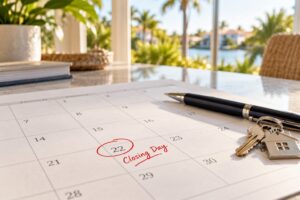 Calendar with closing day circled in red beside a set of house keys