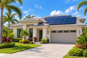 Florida home with a tile roof and rooftop solar panels, framed by palm trees