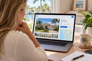 Buyer reviewing a Florida waterfront property listing on a laptop