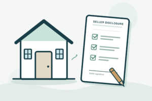 Illustration of a Florida home beside a seller's property disclosure form being signed